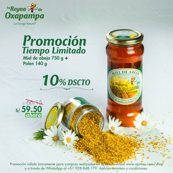 Promoción Miel de Abeja 750gr + Polen 140gr con 10% de descuento